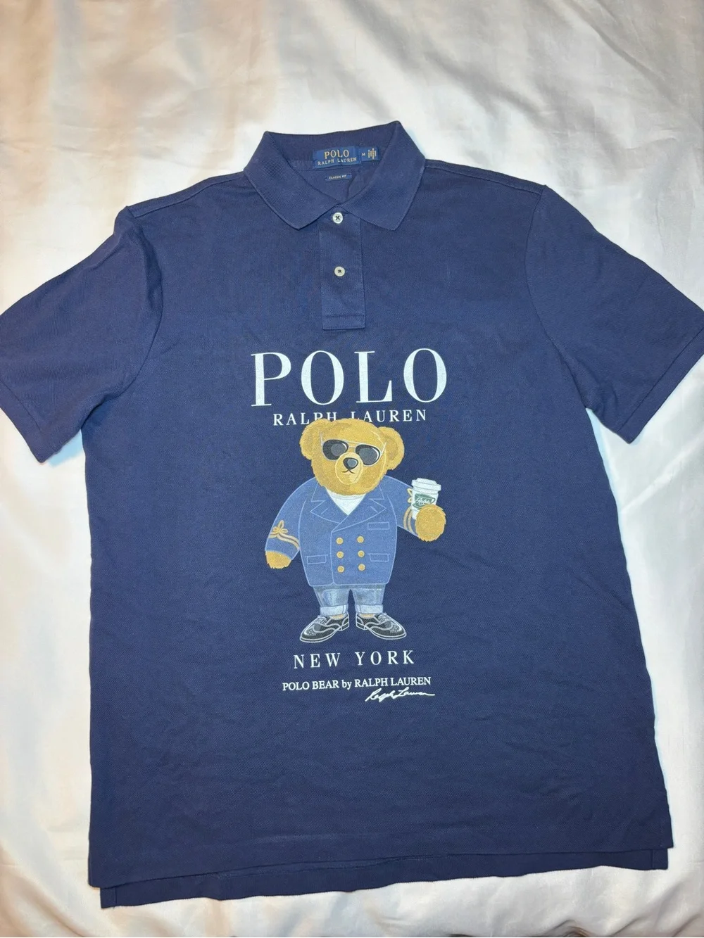 Polo Ralph Lauren Polo Shirt Mens Med Blue Classic Fit New York Bear Coffee READ